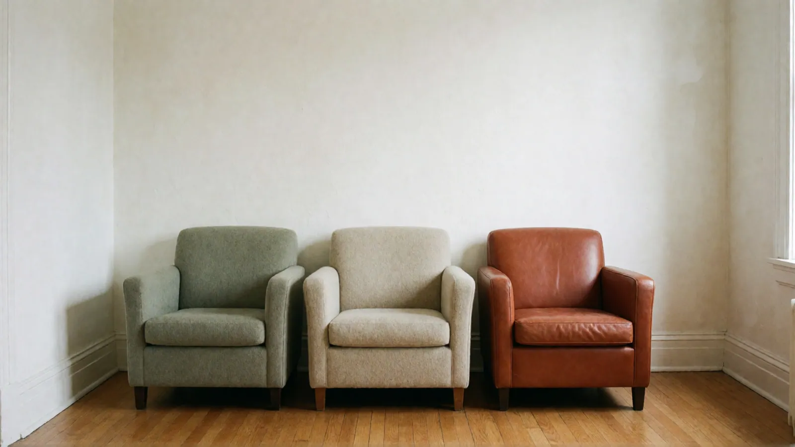 Three empty armchairs side by side against a white wall: one sage, one oatmeal and one rust leather.
