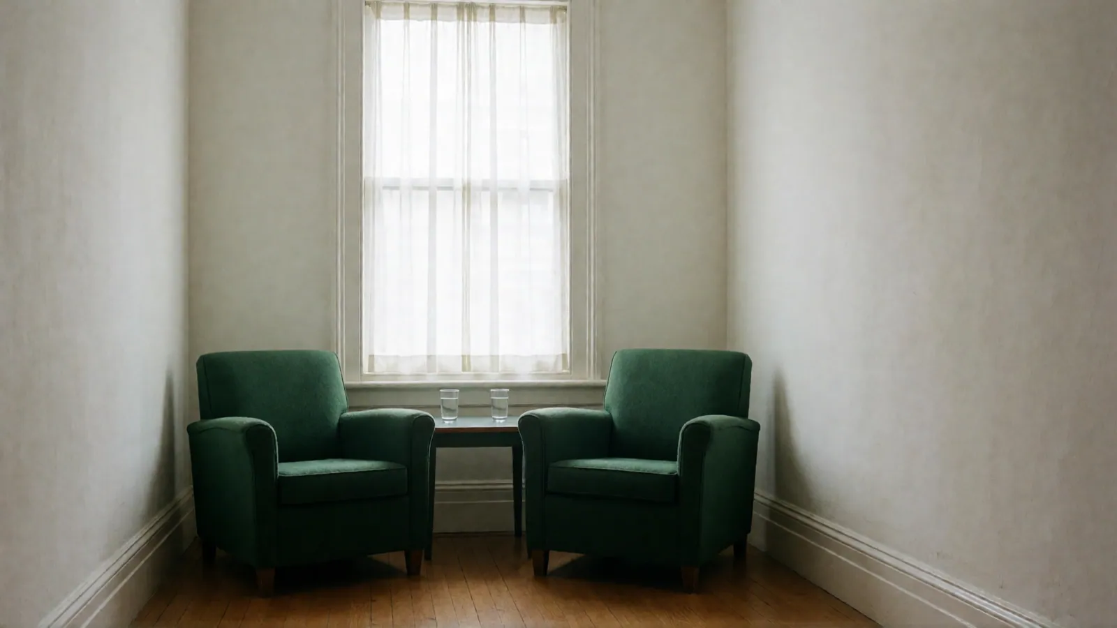 Two deep green armchairs turned toward each other below a curtained window, a small table with two glasses of water between them.