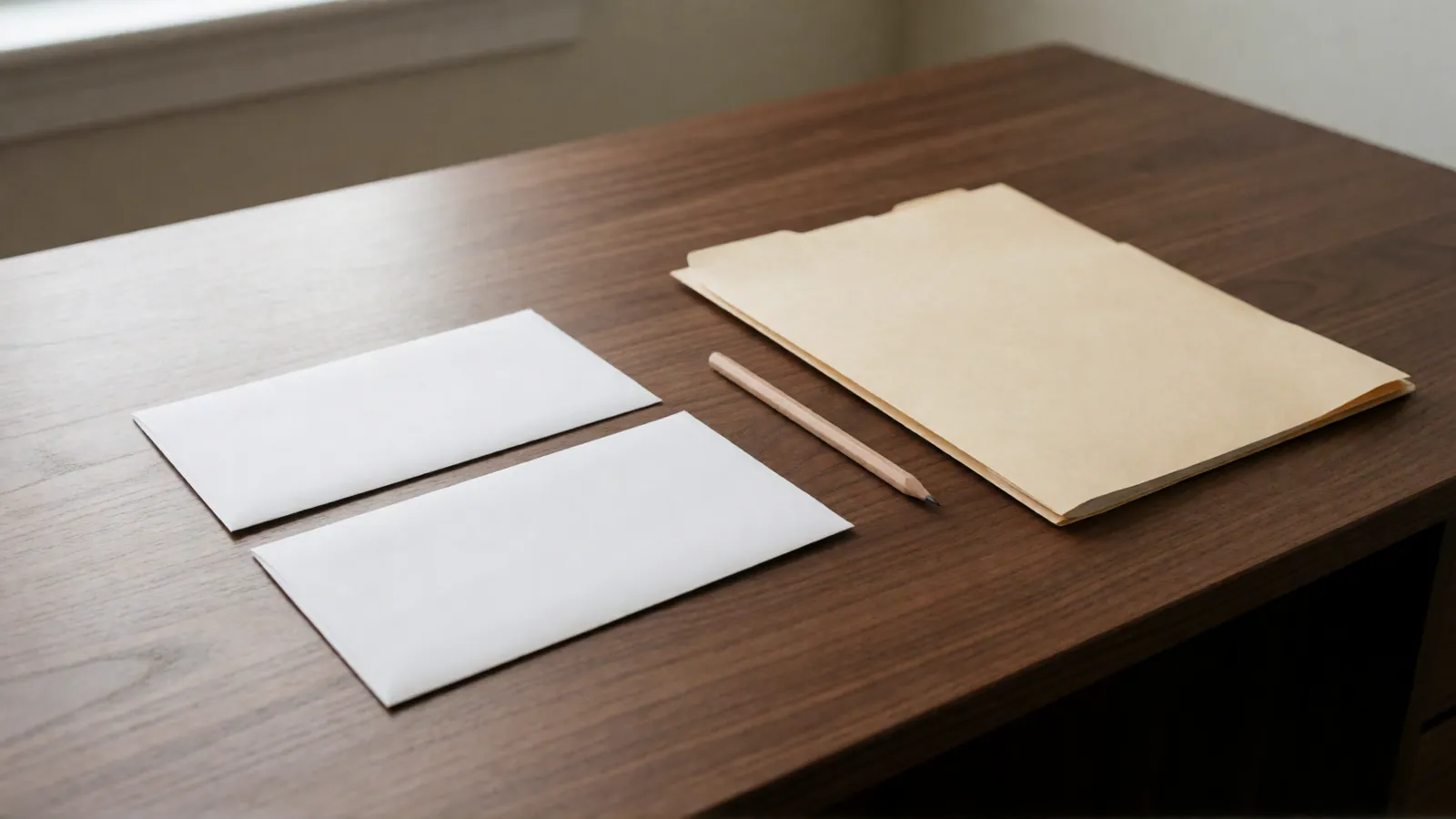 Seen from above, two blank white envelopes, a closed manila folder and a plain wooden pencil on a walnut desk.
