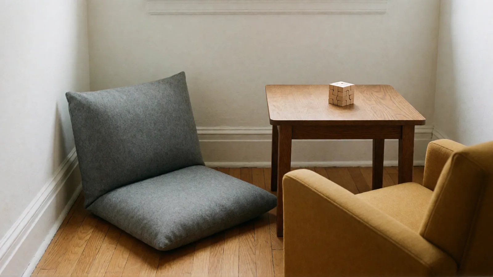 A gray floor cushion, a mustard armchair and a small oak table with a wooden puzzle cube, in the corner of a room.