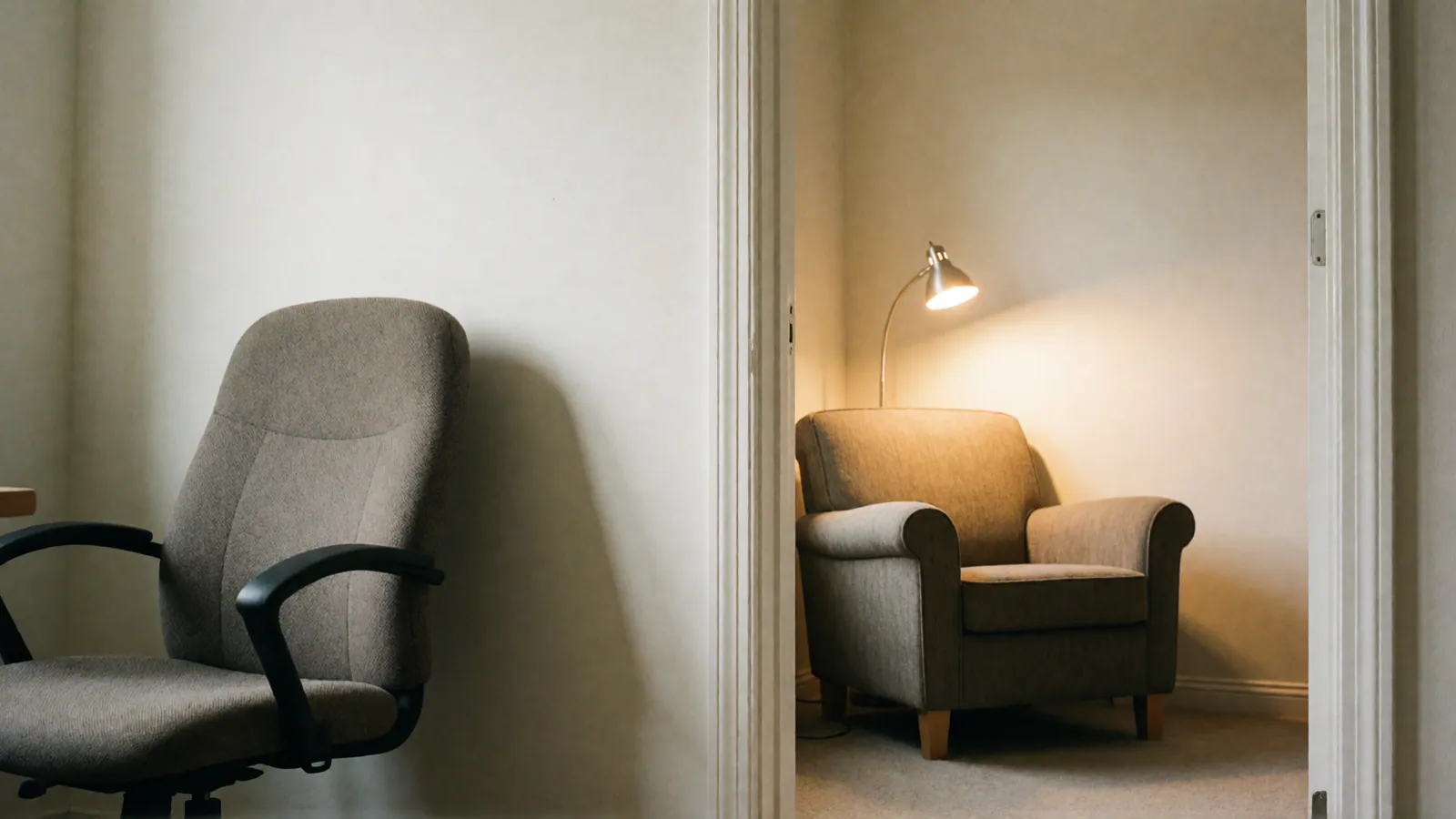 An office chair in the foreground and, through a doorway, an armchair under a lit reading lamp in the next room.