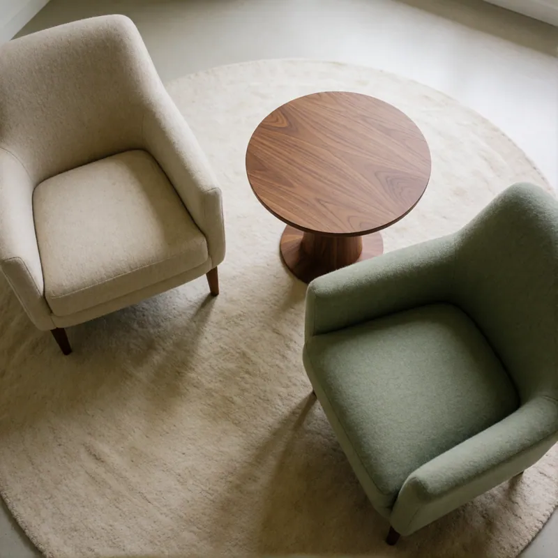 Seen from above, an oatmeal armchair and a sage armchair angled toward each other on a round rug, with a round walnut table between them.