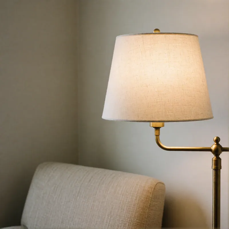 The lit linen shade of a brass floor lamp above the back of an armchair.