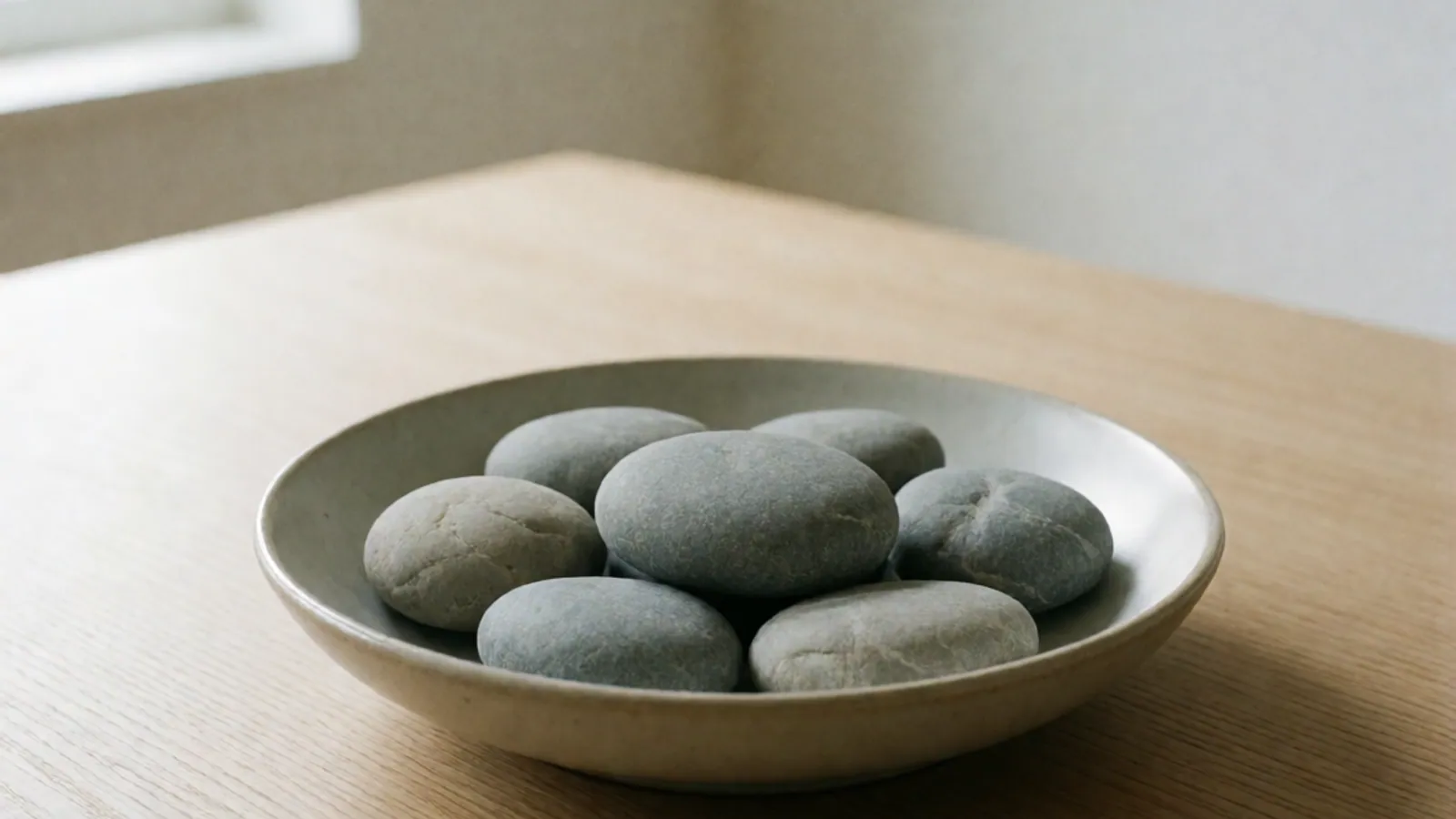 A shallow ceramic bowl of smooth gray stones on a pale oak table.