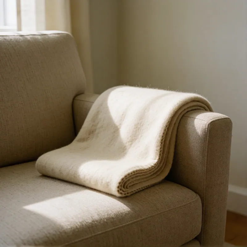 A folded cream wool throw over the arm of an oatmeal armchair in raking daylight.