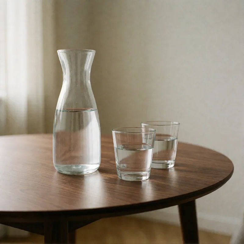 A glass carafe of water and two glasses on a round walnut table.