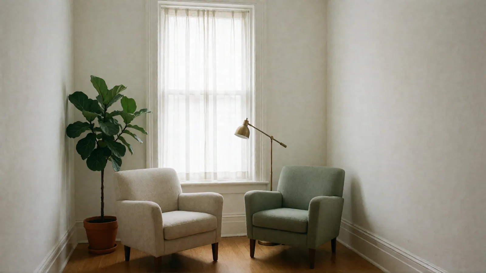 A therapy room with an oatmeal armchair and a sage armchair, a brass floor lamp and a fiddle-leaf fig in a terracotta pot, below a curtained window.