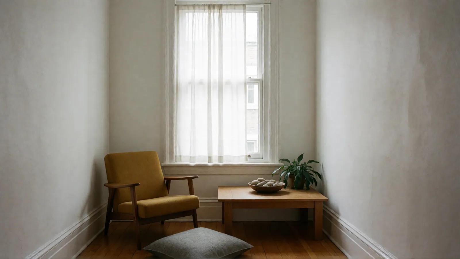 A room with a mustard armchair, a gray floor cushion and a low oak table with a bowl of stones and a plant, below a window.