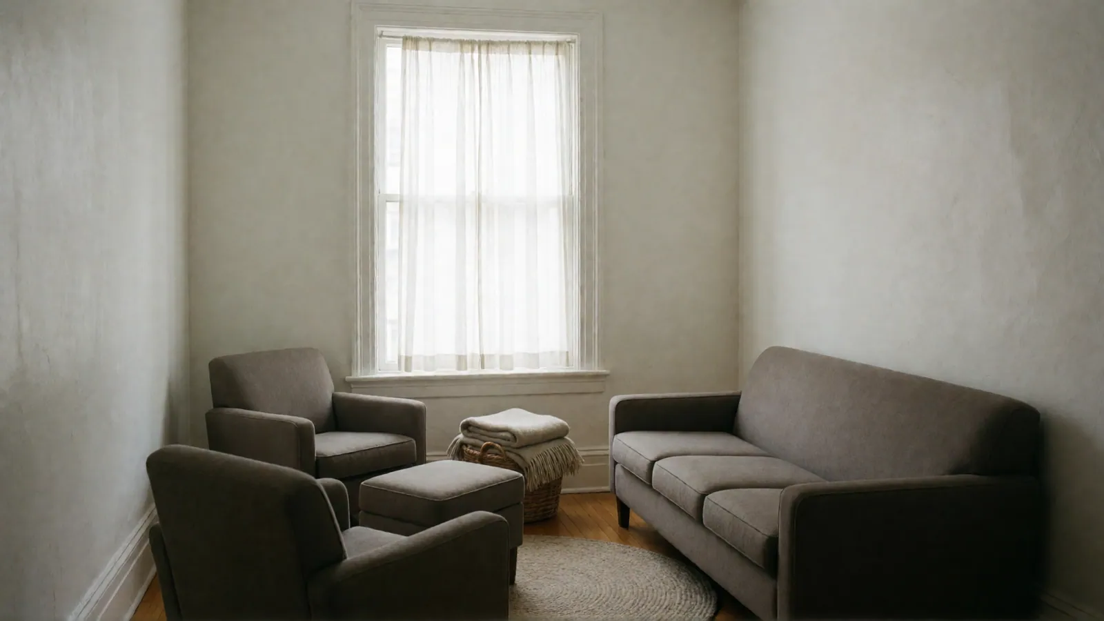 A larger room with a long gray sofa, two gray armchairs, an ottoman, a round rug and a basket of folded blankets.