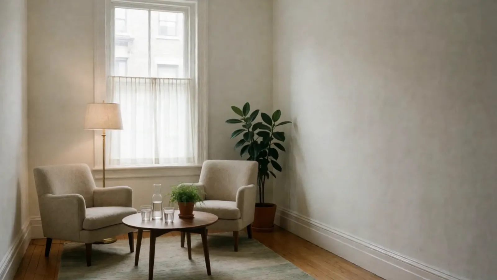 An empty therapy room in afternoon light: two oatmeal armchairs angled toward each other across a small round walnut table with a carafe of water, two glasses and a fern, a lit floor lamp, a tall rubber plant, a sage rug, and a long bare plaster wall.