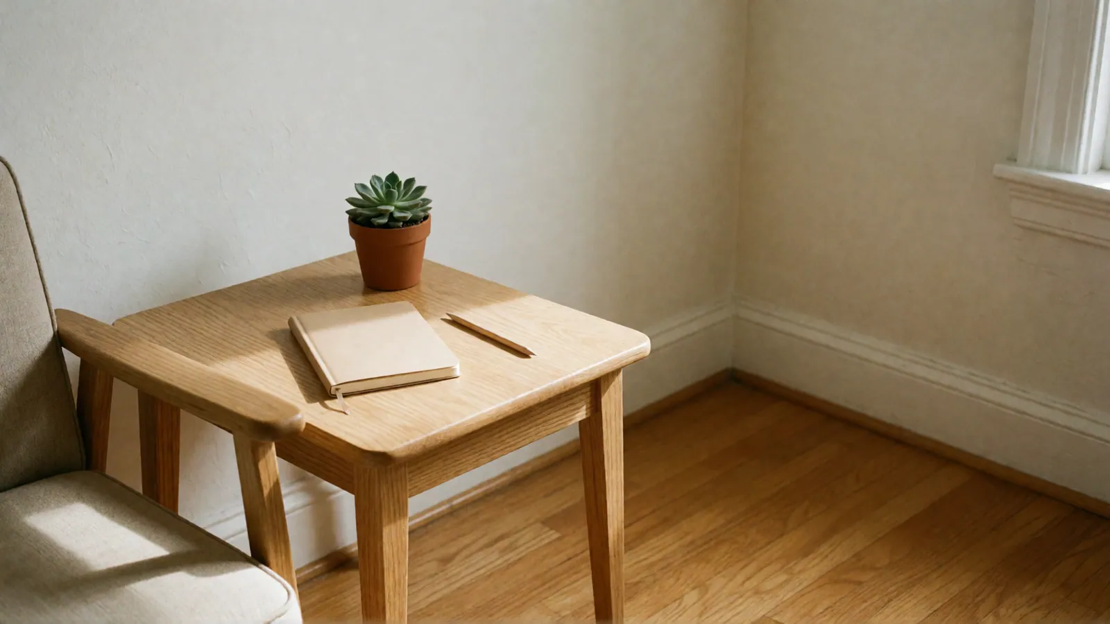 A pale oak side table beside an armchair, with a closed blank notebook, a plain wooden pencil and a small potted succulent, in raking daylight.