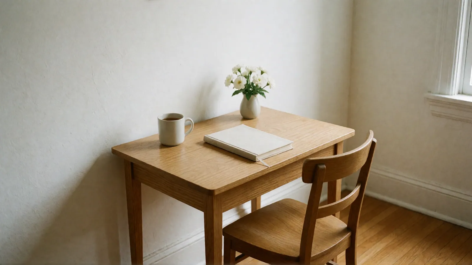A small oak writing table against a bare white wall with a mug of tea, a closed blank notebook and a vase of white flowers, and a wooden chair pulled up to it.