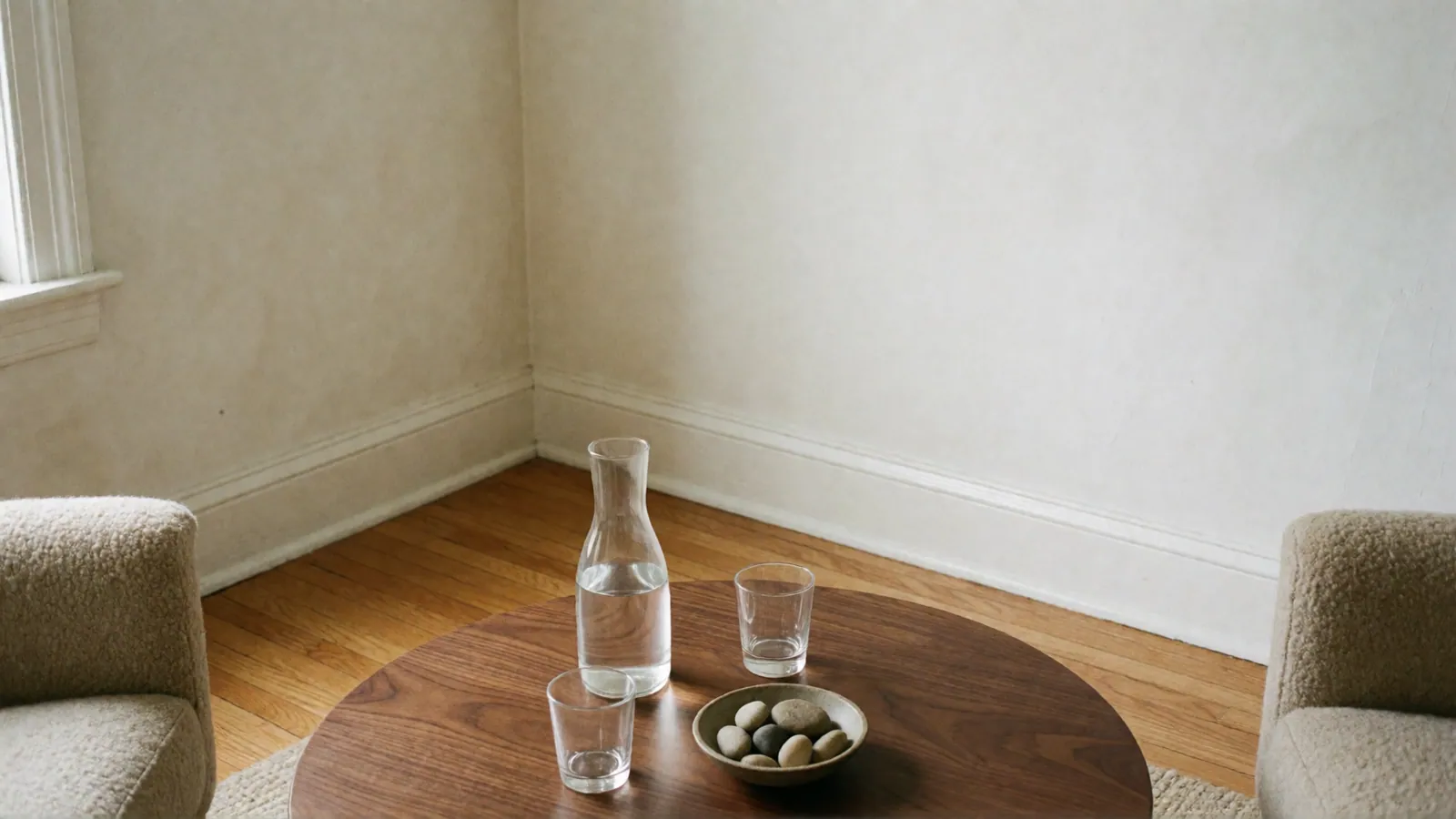 A round walnut table seen from a seated height, with a carafe of water, two glasses and a small bowl of stones, two soft armchair arms at the edges of the frame.