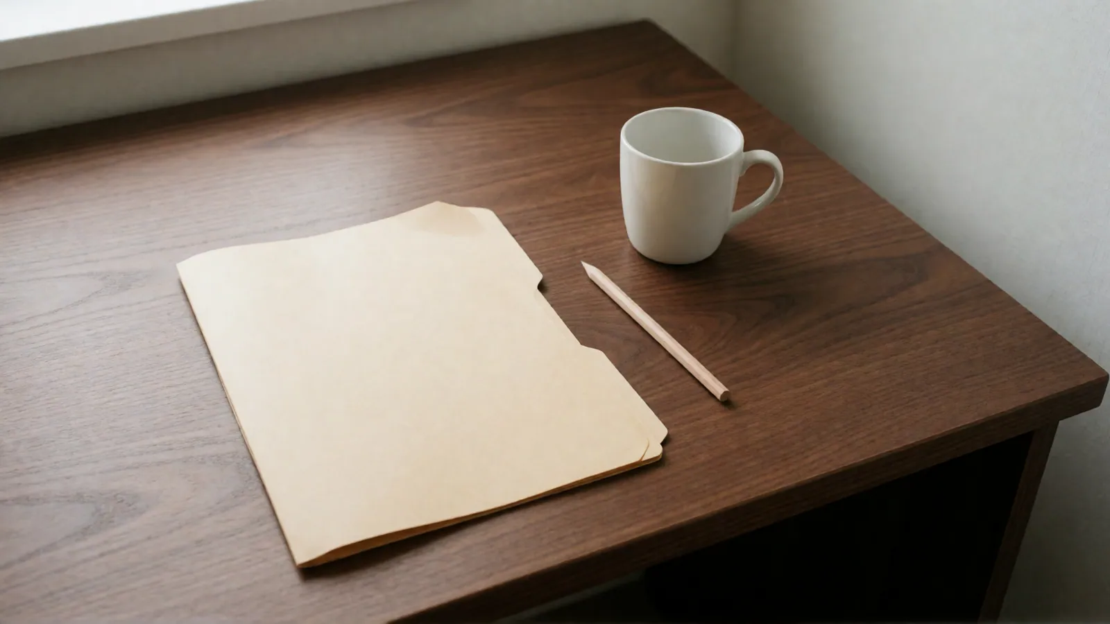 Seen from above, a walnut desk with a closed, unmarked manila folder, a plain wooden pencil and a white mug.