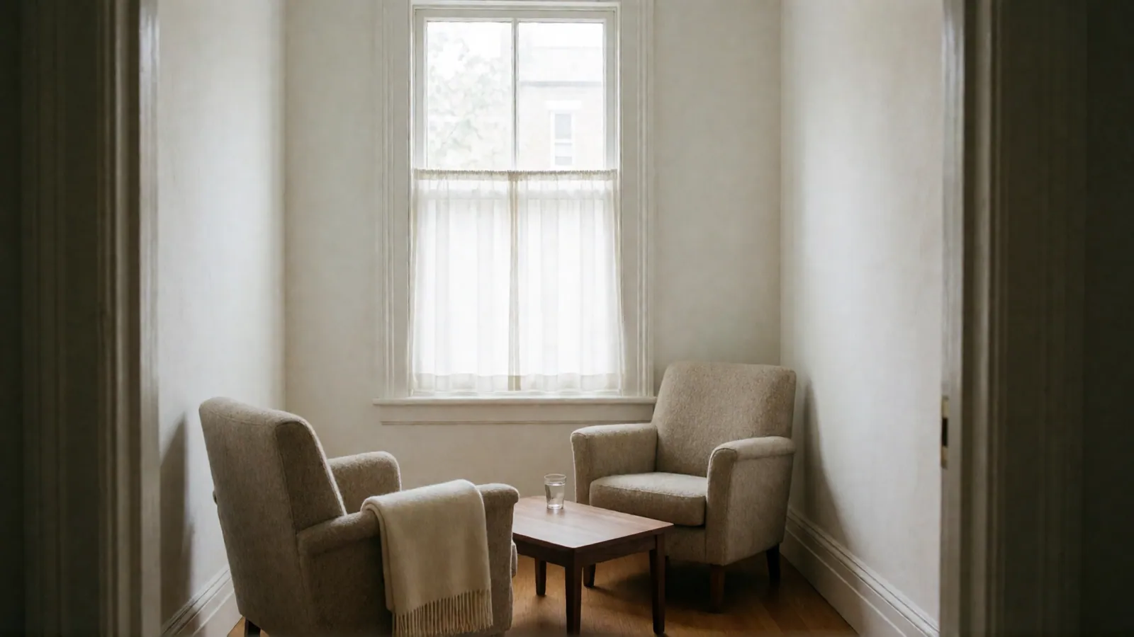 Seen from a doorway, two oatmeal armchairs turned toward each other at a low walnut table with a glass of water, a cream throw over one chair, below a tall window with a half curtain.