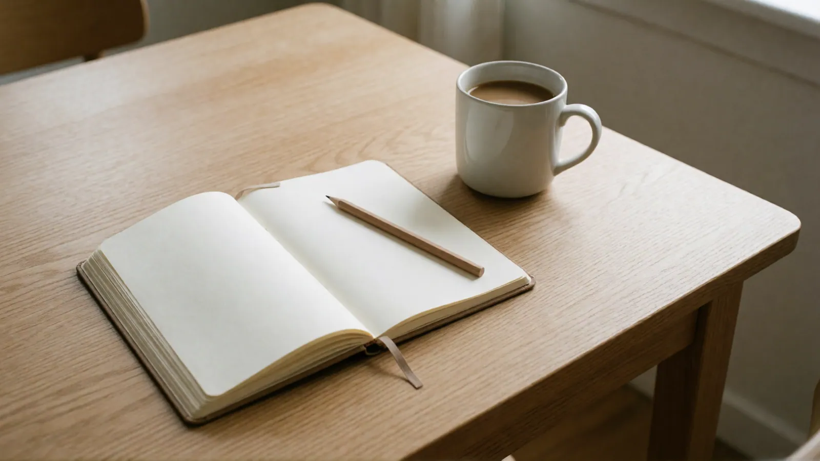 Seen from above, an open notebook with blank pages, a plain wooden pencil and a mug of coffee on a pale oak table.