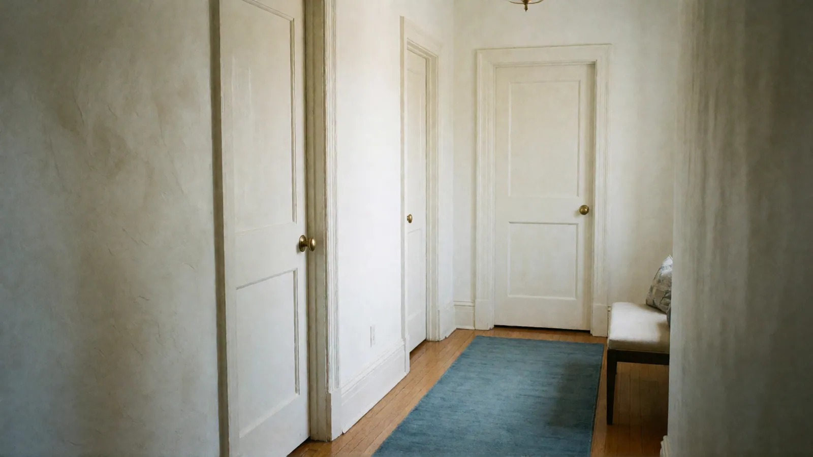 A short hallway of white plaster walls with three closed white panel doors and brass knobs, a blue runner rug on an oak floor and a cushioned bench.