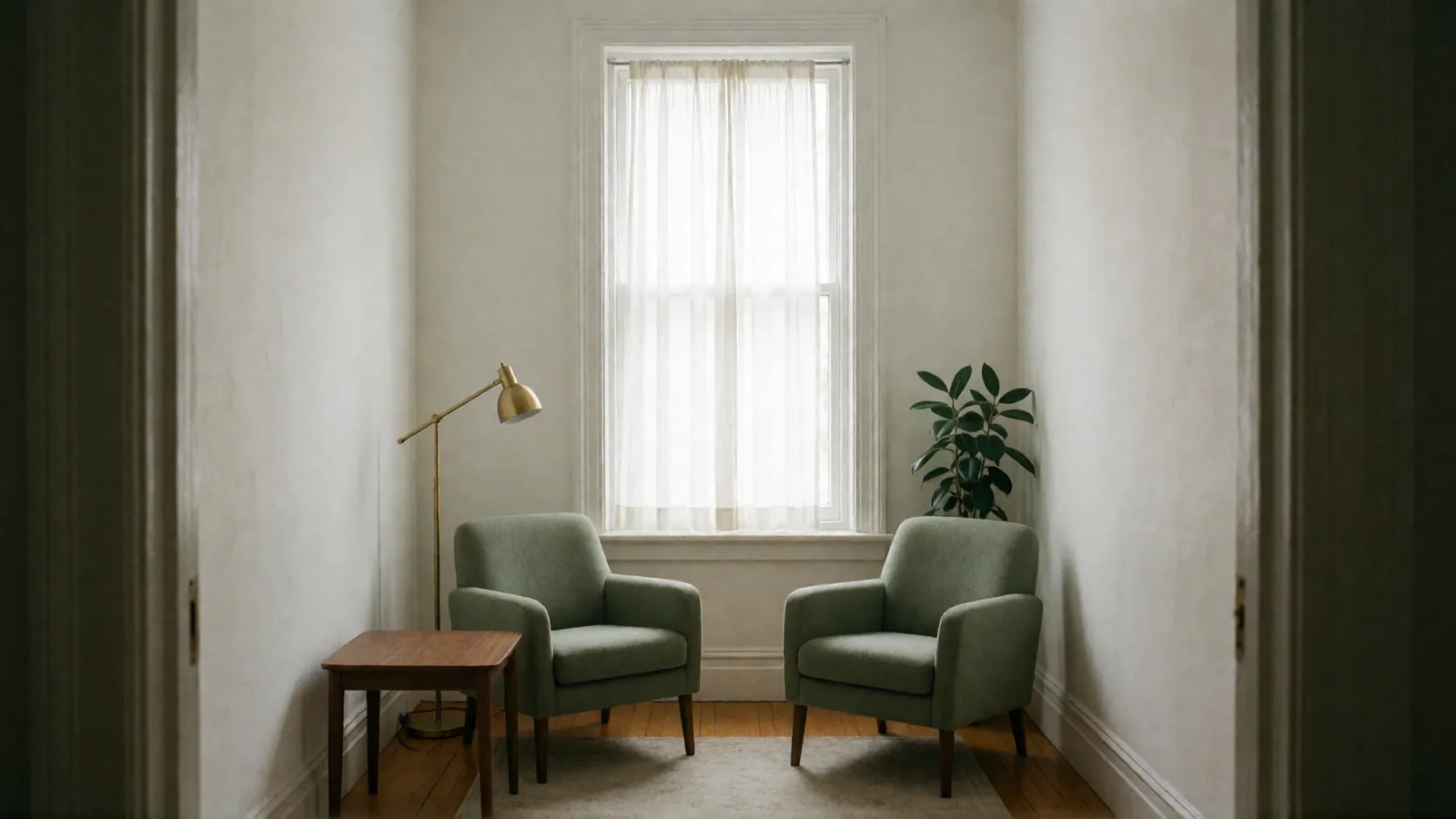 An empty therapy room seen from the doorway: two sage armchairs, a walnut side table, a brass floor lamp and a plant below a curtained window.