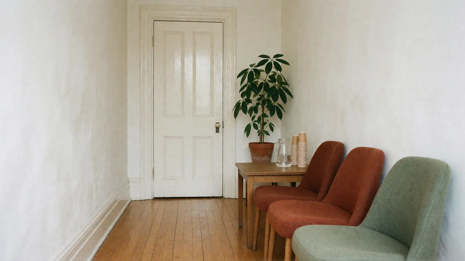 A narrow waiting area: three upholstered chairs in rust and sage wool beside a small oak table with a jug of water and paper cups, a potted plant and a closed white panel door.