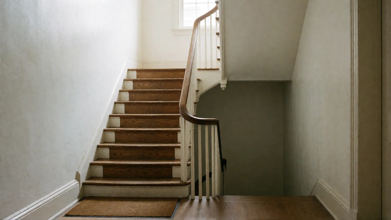 The foot of a prewar staircase: oak treads, white balusters and a dark wooden handrail rising to a landing, a doormat at the bottom, plain white walls.