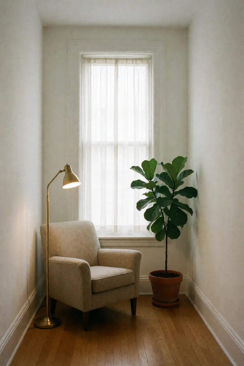 An oatmeal armchair, a lit brass floor lamp and a fiddle-leaf fig in a corner below a curtained window.