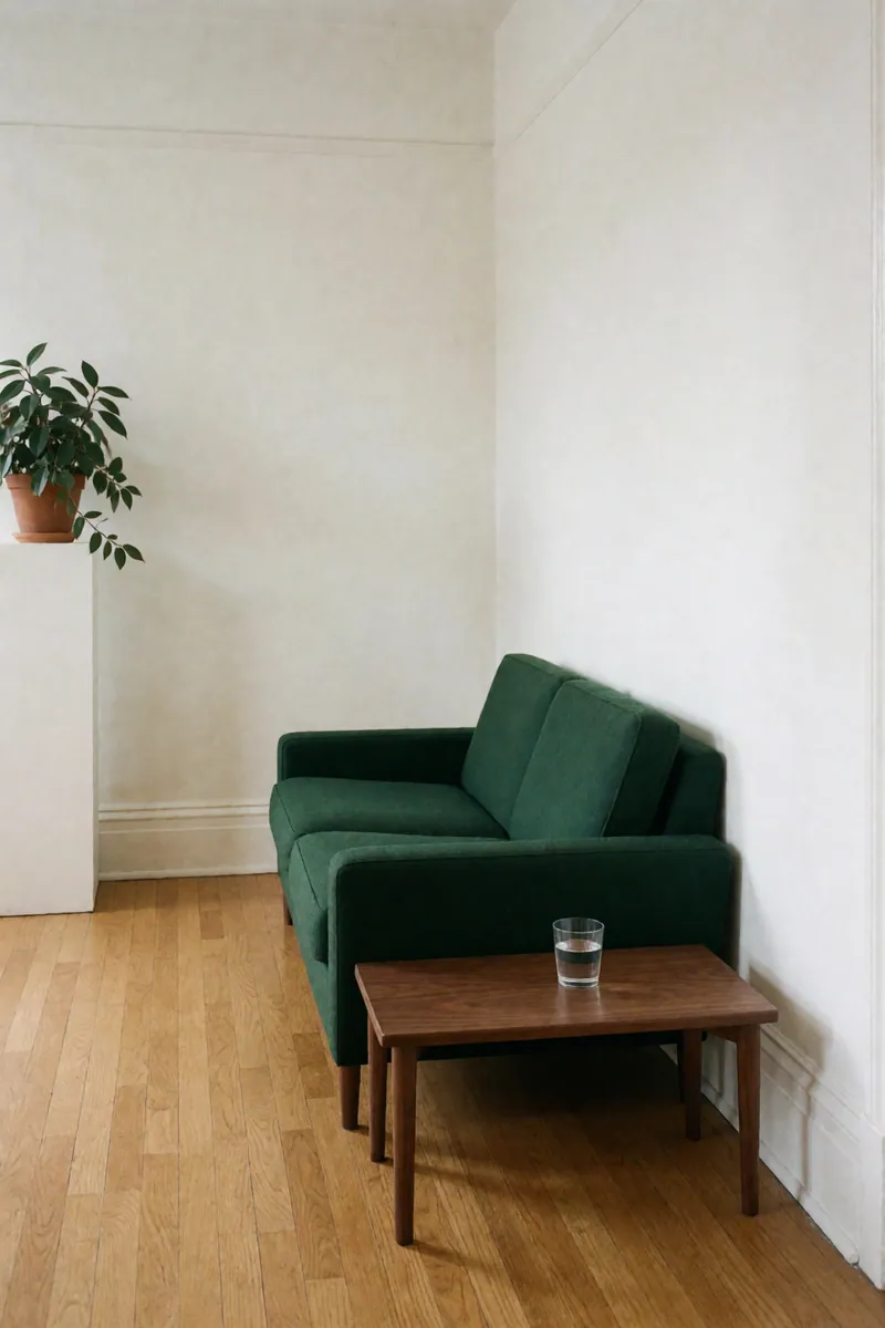 The end of a deep green sofa beside a walnut side table with a glass of water, a plant on a white plinth behind.