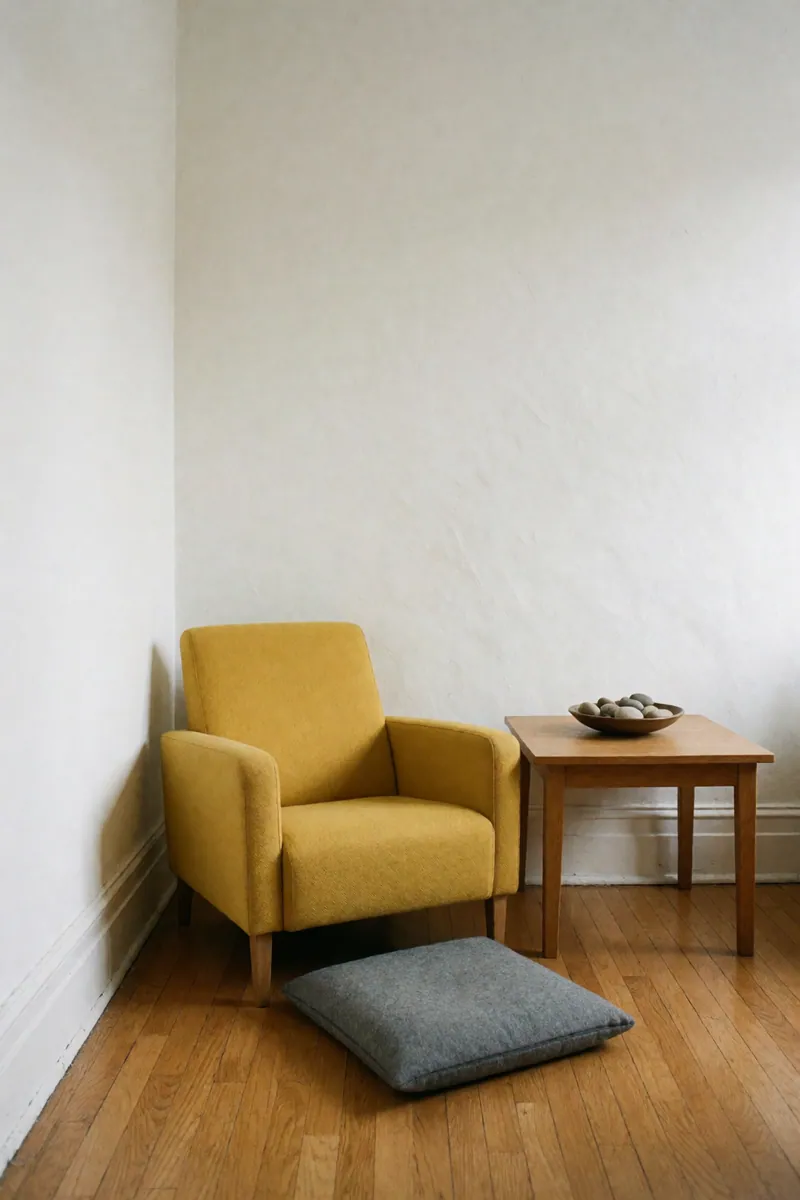 A mustard armchair, a gray floor cushion and a small oak table with a bowl of stones.