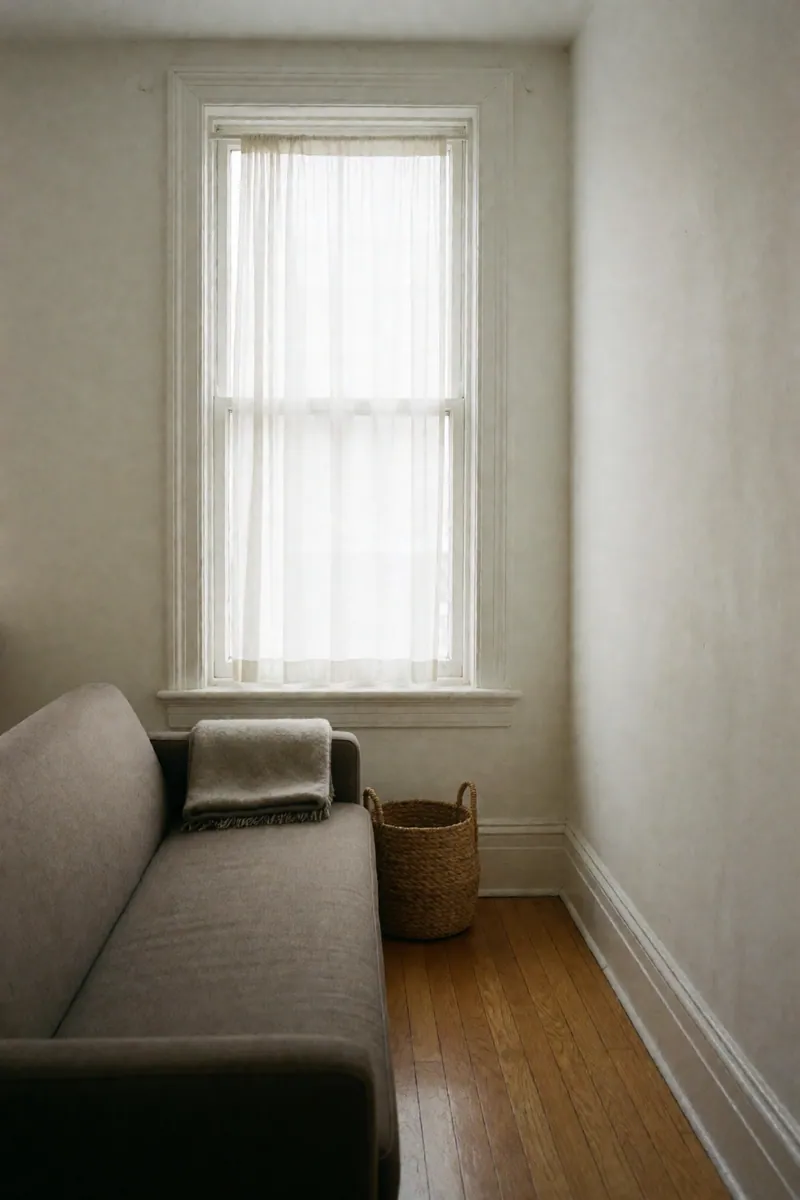 The end of a long gray sofa with a folded blanket on its arm and a woven basket beside it, below a curtained window.