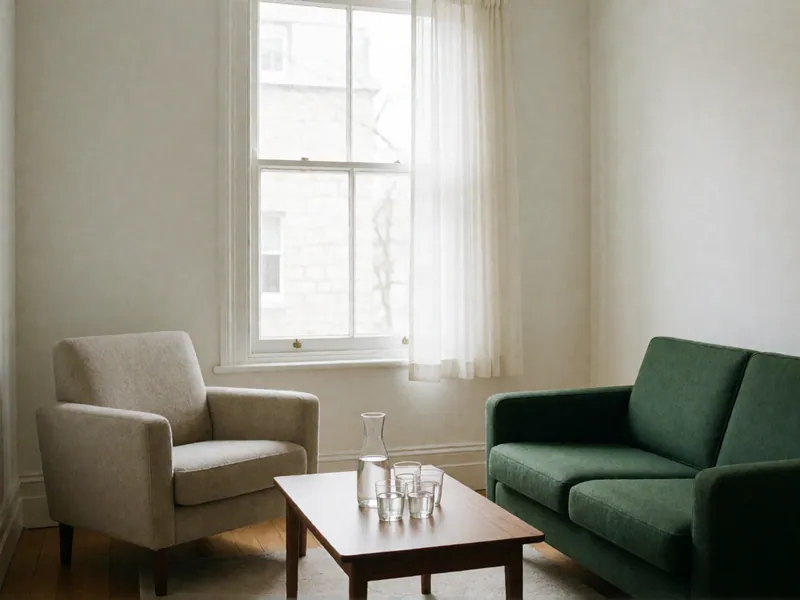 A deep green two-seat sofa opposite an oatmeal armchair across a low walnut table with a carafe and glasses of water, beside a tall window.