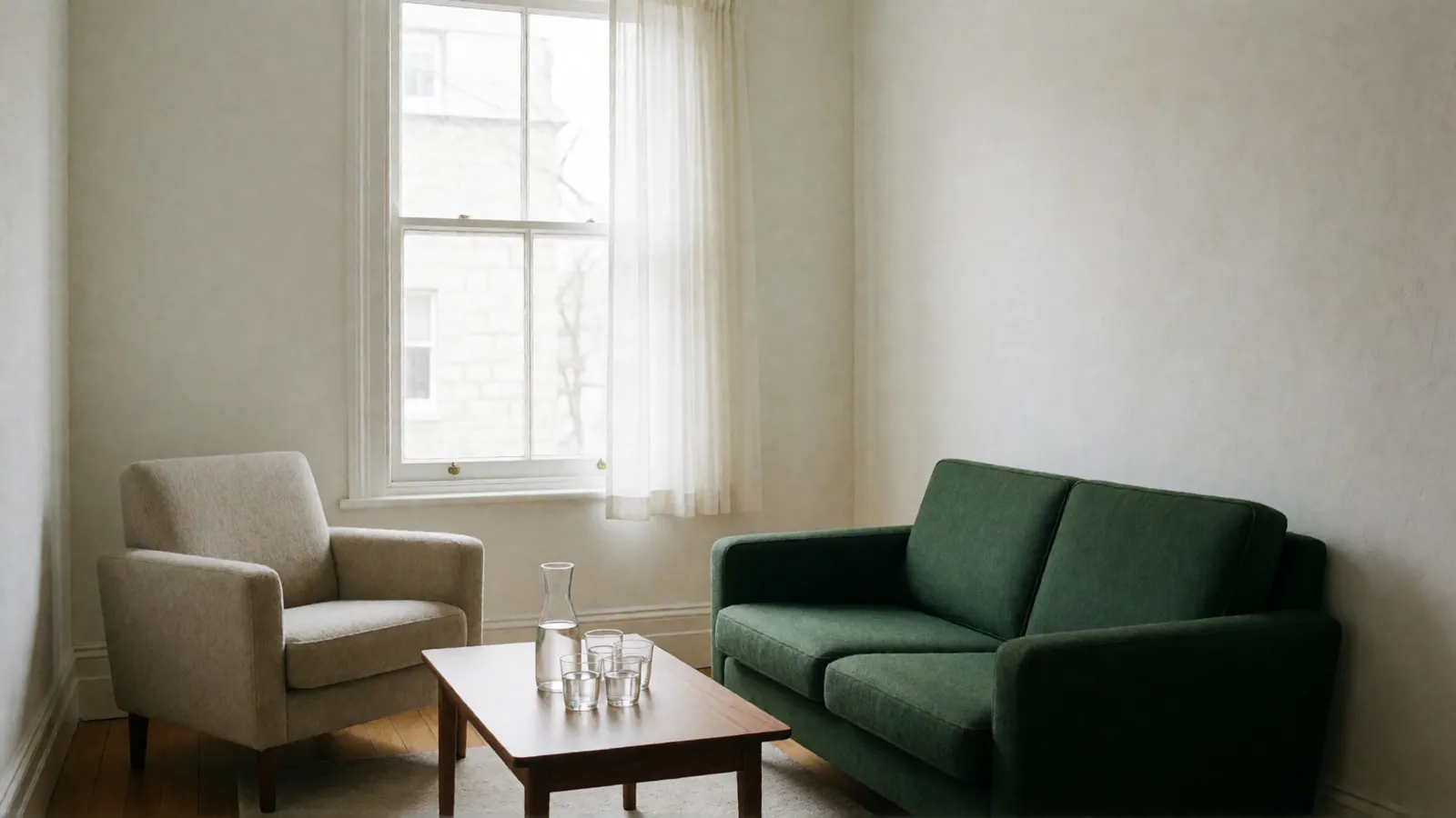 A deep green two-seat sofa opposite an oatmeal armchair across a low walnut table with a carafe and glasses of water, beside a tall window.