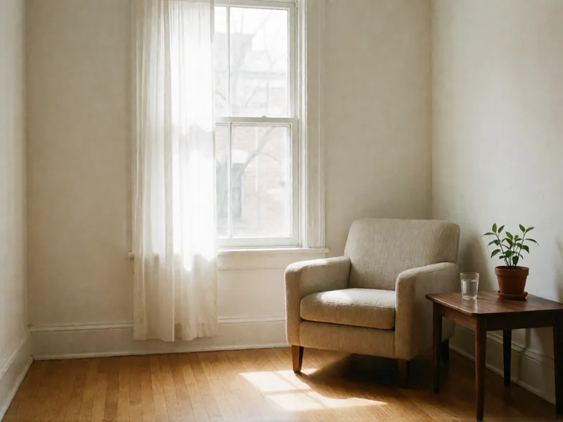 An oatmeal armchair beside a walnut side table with a small plant and a glass of water, sunlight falling across the oak floor.