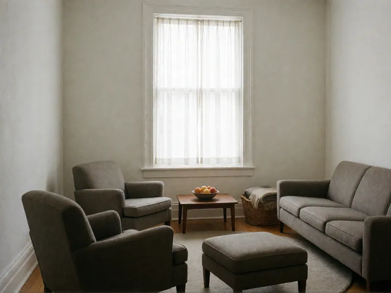 A larger room with a long gray sofa, two gray armchairs and an ottoman around a round rug, a low table with a bowl of fruit and a basket of blankets.