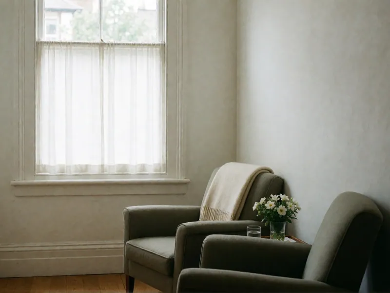Two gray armchairs side by side at a slight angle, a cream throw on one, a small vase of white flowers and a glass of water between them.