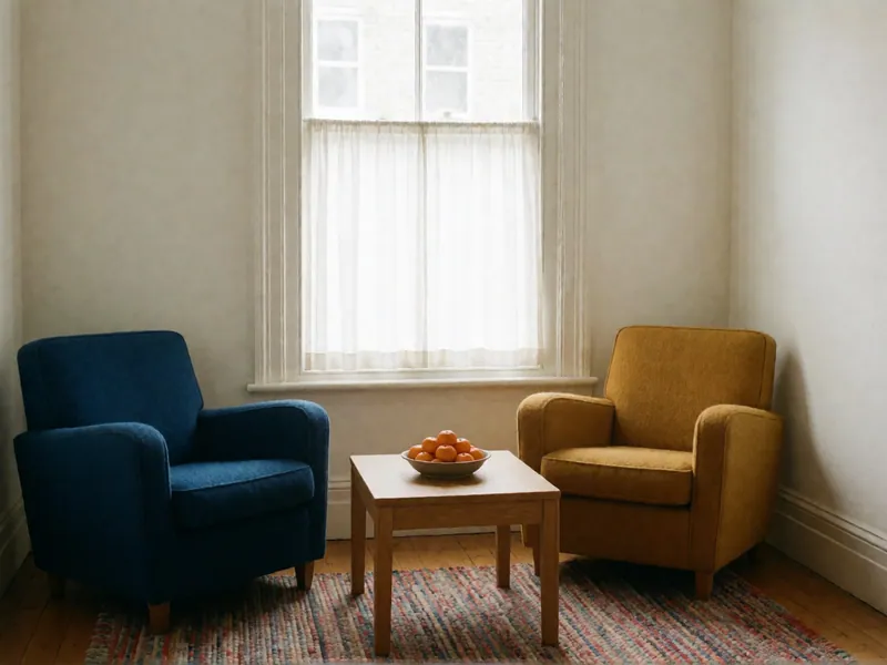 A deep blue armchair and a mustard armchair angled toward each other on a woven rug of soft colors, a low oak table with a bowl of clementines between them.