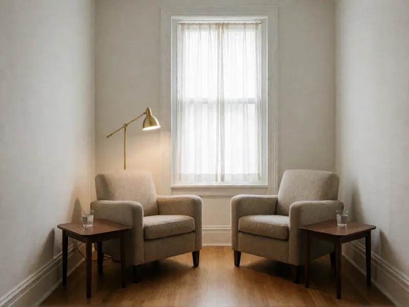 Two oatmeal armchairs angled toward each other, a small walnut table with a glass of water beside each and a brass floor lamp, below a curtained window.
