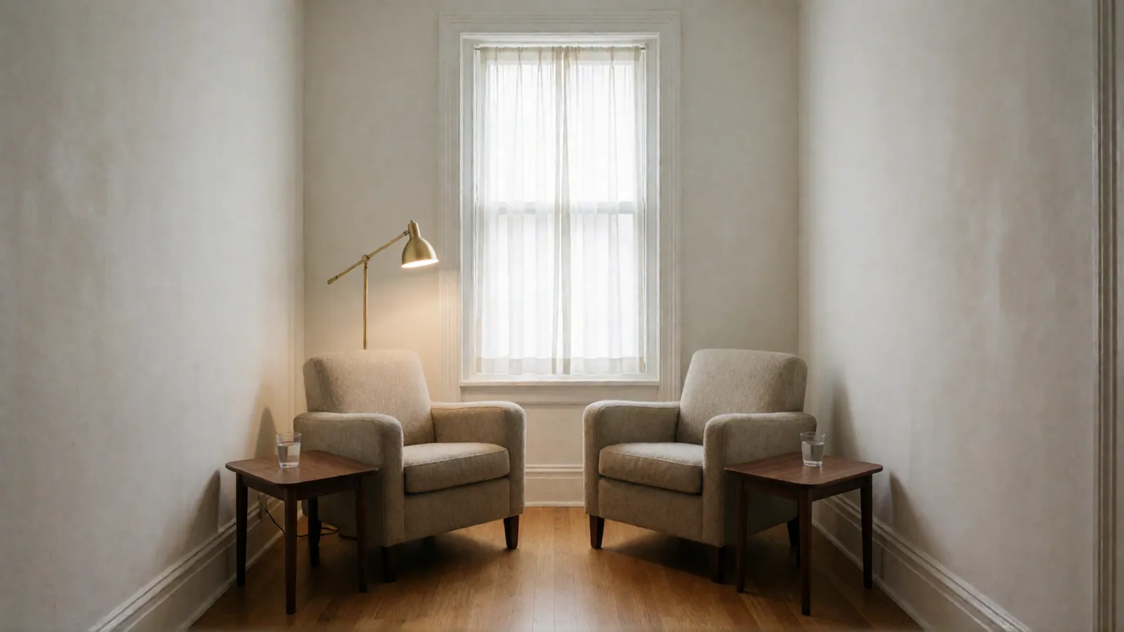 Two oatmeal armchairs angled toward each other, a small walnut table with a glass of water beside each and a brass floor lamp, below a curtained window.