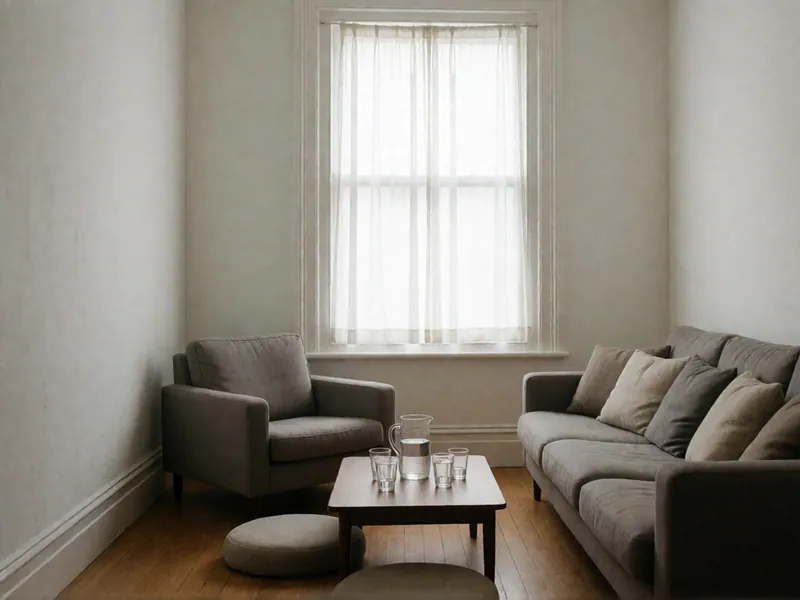 A family-sized room: a long gray sofa with mismatched cushions, a gray armchair and two round floor cushions around a low table with a jug and four glasses.