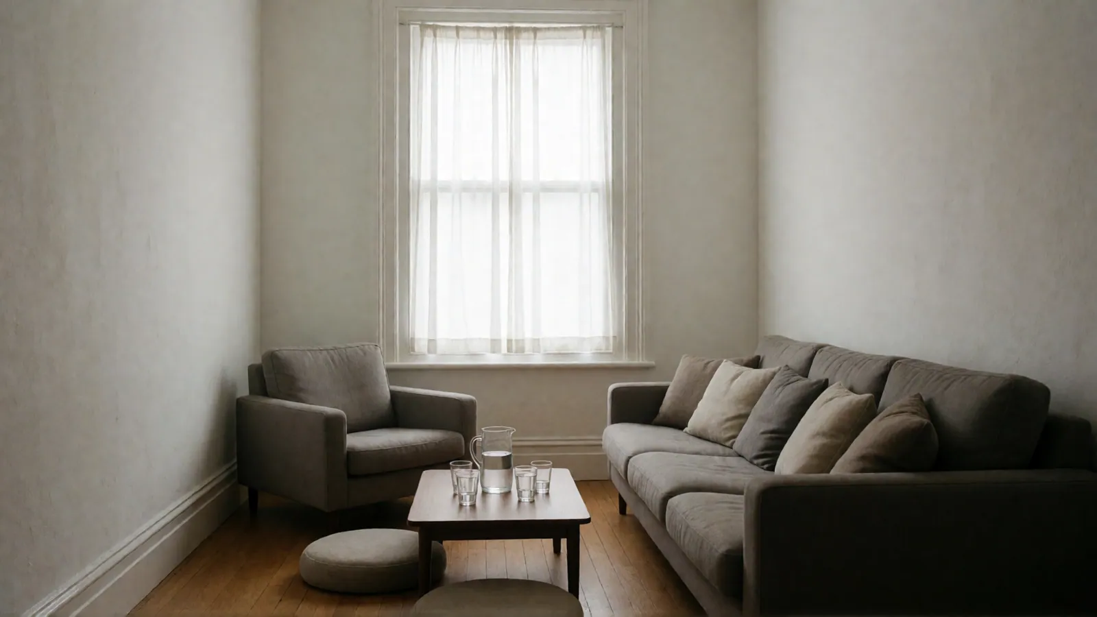 A family-sized room: a long gray sofa with mismatched cushions, a gray armchair and two round floor cushions around a low table with a jug and four glasses.