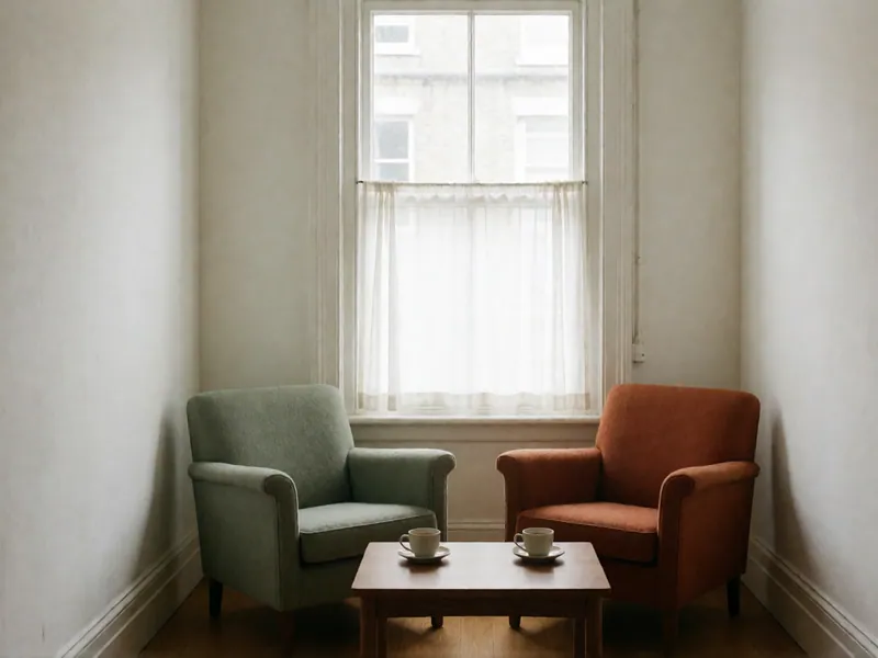 A sage armchair and a rust armchair turned slightly toward each other at a low walnut table with two cups of tea, below a window.