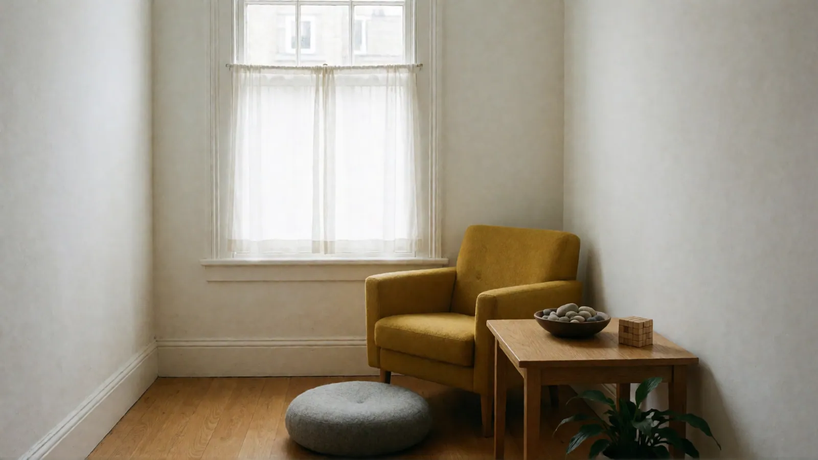 A mustard armchair, a round gray felt floor cushion and a small oak table with a bowl of stones and a wooden puzzle cube, below a window.