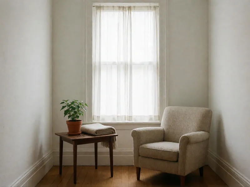 An oatmeal armchair beside a walnut side table with a small potted plant and a folded throw, below a curtained window.
