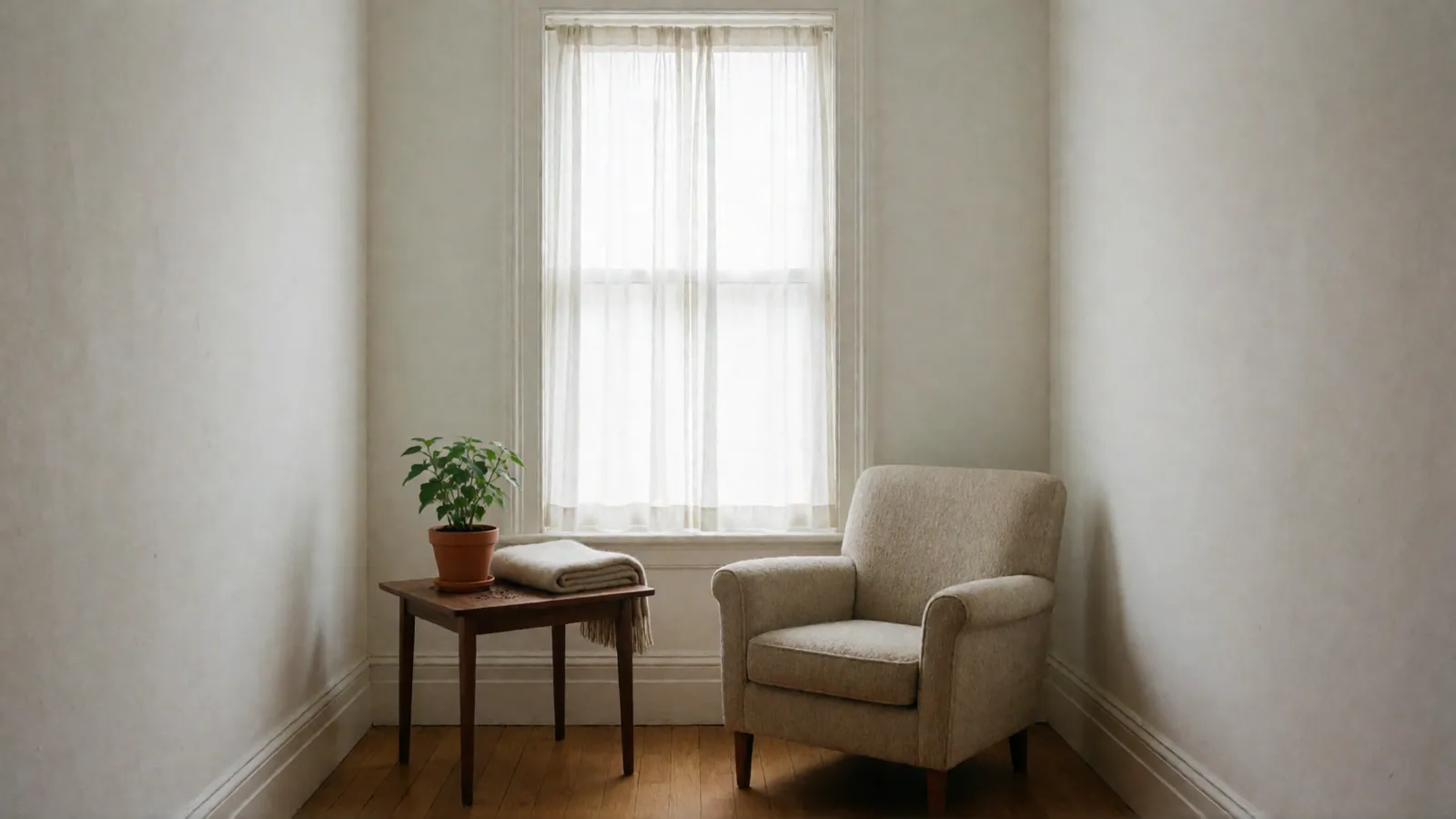 An oatmeal armchair beside a walnut side table with a small potted plant and a folded throw, below a curtained window.