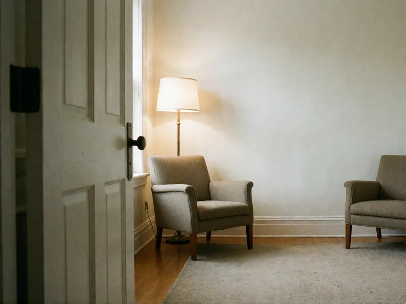 A calm room seen past an open door: two armchairs set well apart on a wide rug, a lit floor lamp, a clear path from the door.