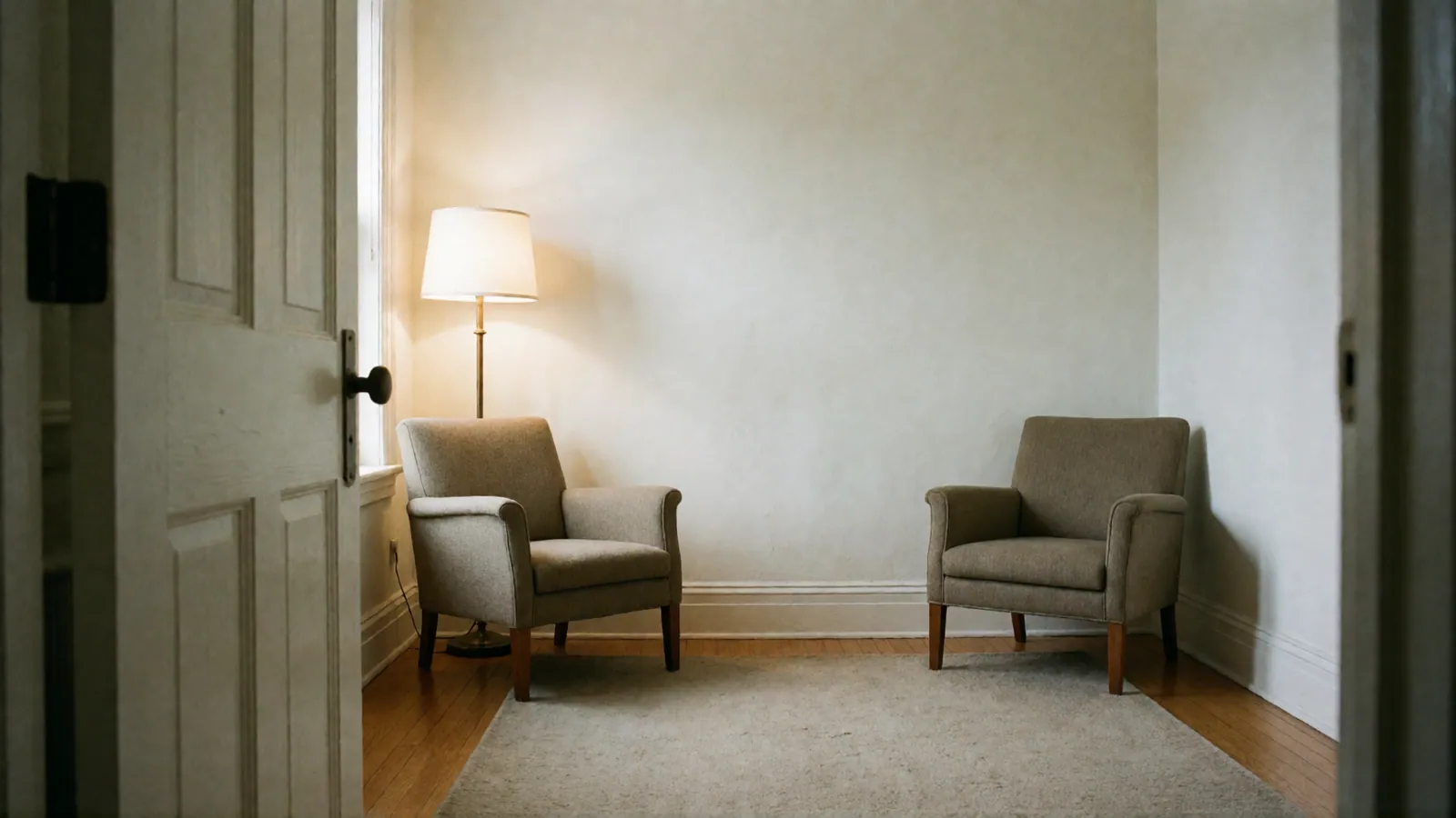 A calm room seen past an open door: two armchairs set well apart on a wide rug, a lit floor lamp, a clear path from the door.