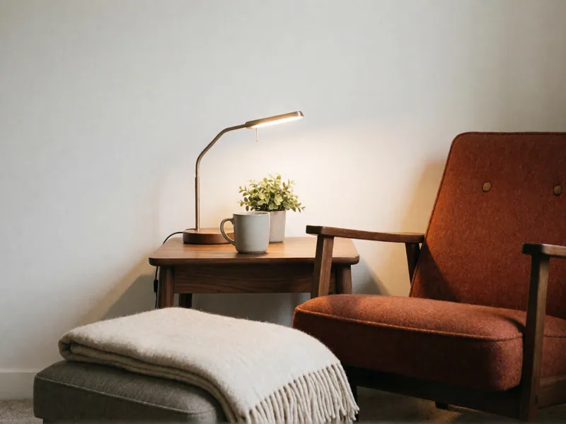 A quiet corner at home: a rust armchair beside a walnut side table with a lit desk lamp, a mug and a small plant, and a folded blanket on a footstool.