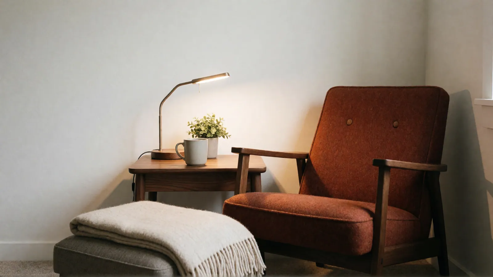A quiet corner at home: a rust armchair beside a walnut side table with a lit desk lamp, a mug and a small plant, and a folded blanket on a footstool.